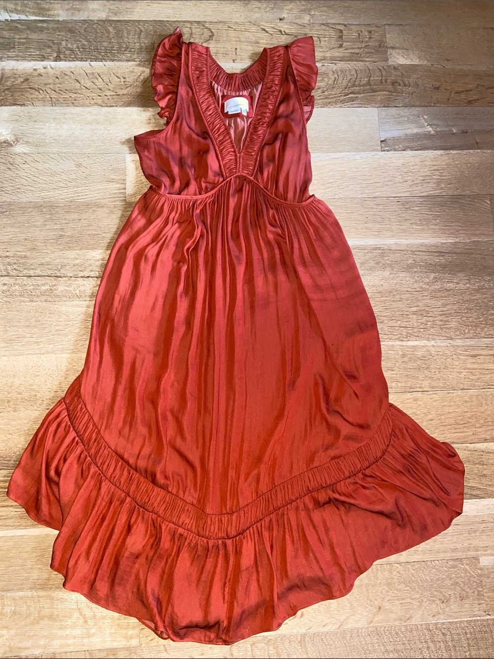 Anthropologie Rust Copper Orange Smocked Midi Maxi Pocket Dress Smocking Ruffles